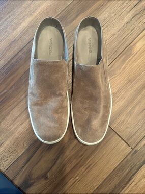 Vince Suede Slip-On Mules in Taupe with White Trim